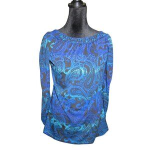Self Esteem Blue Paisley Long Sleeves Round Neck Casual Blouse Top Size Large